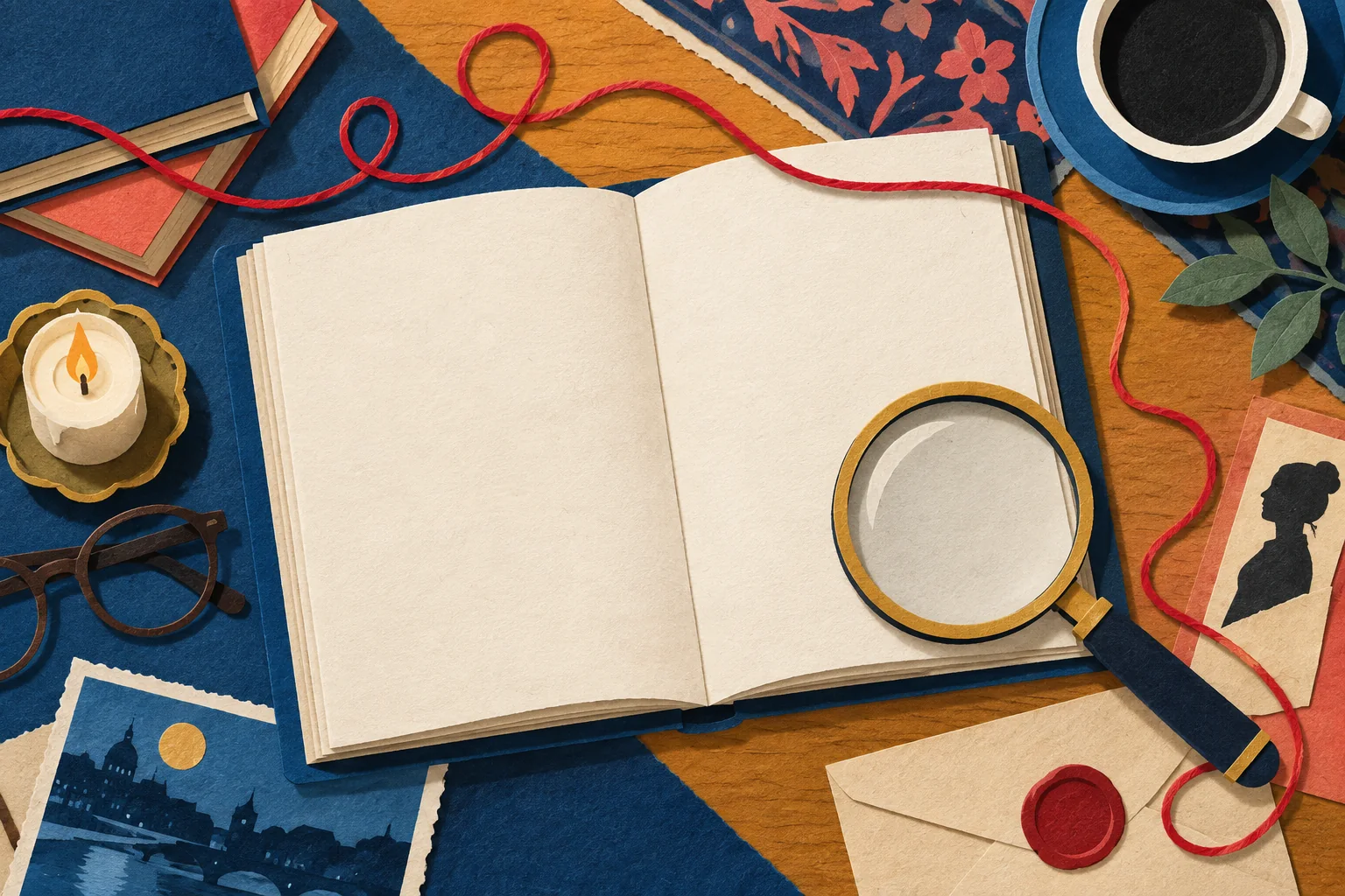 Cut-paper illustration of a book and detective desk