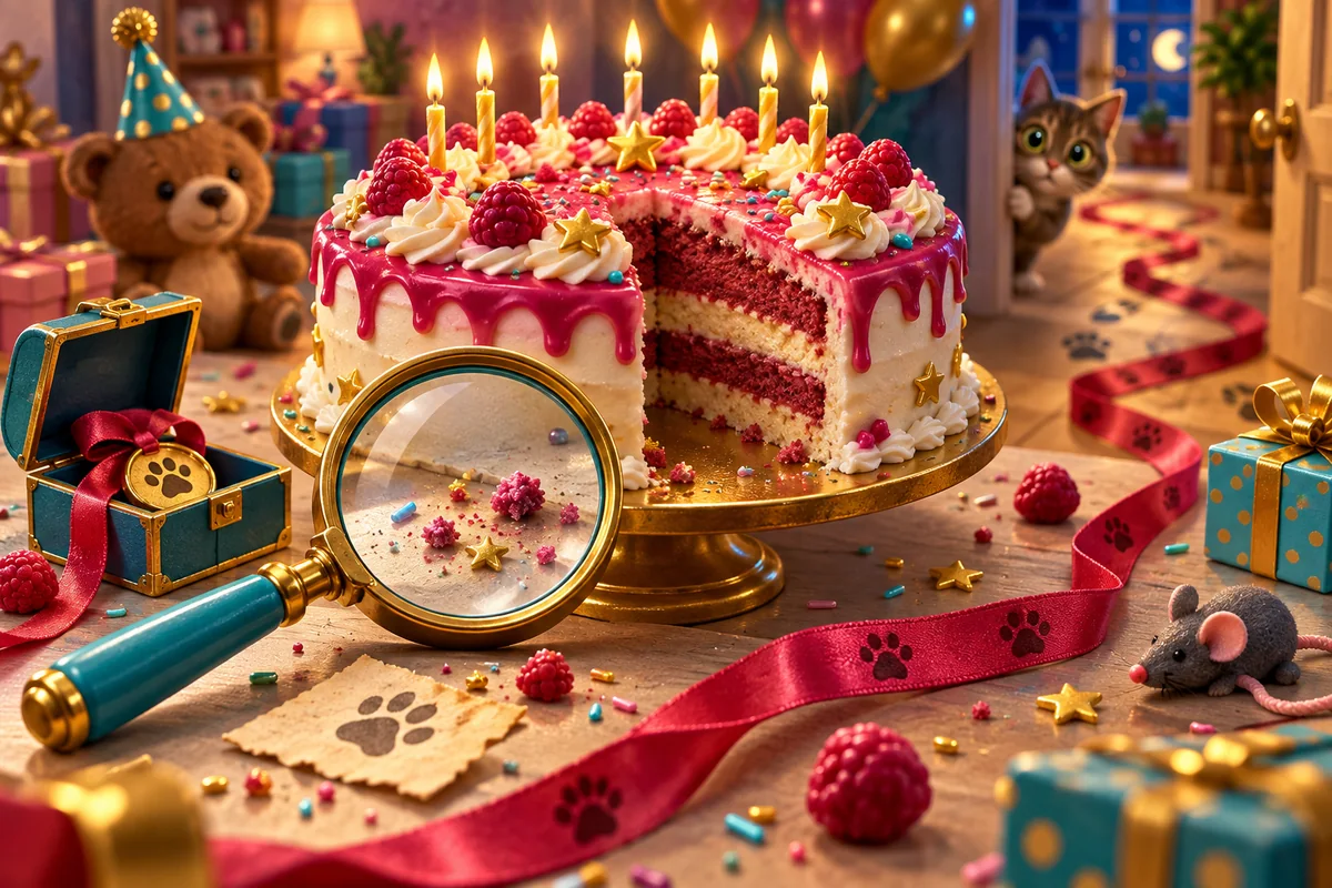 Birthday cake with a missing slice and mystery clues