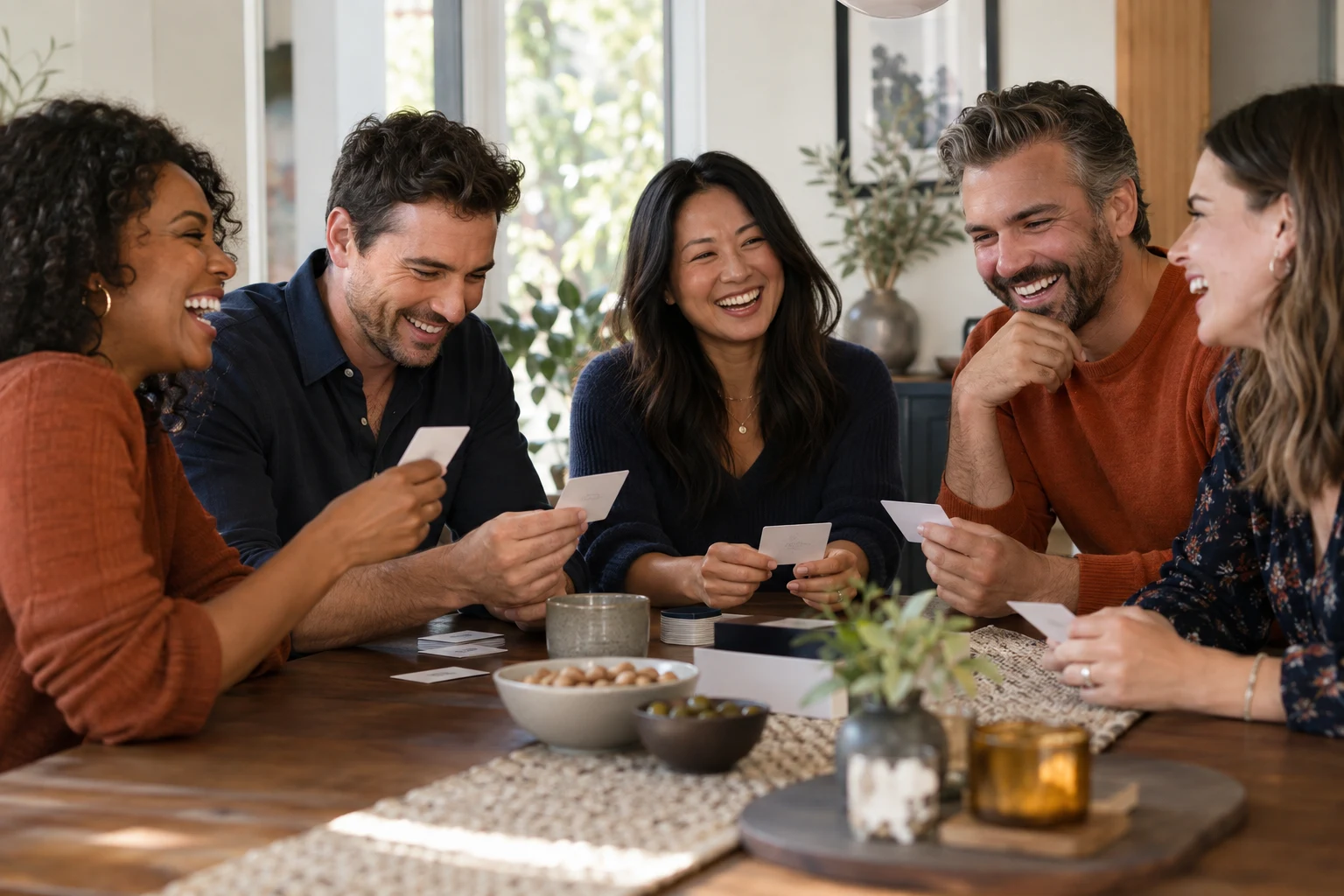Friends laughing together around a table with conversation cards