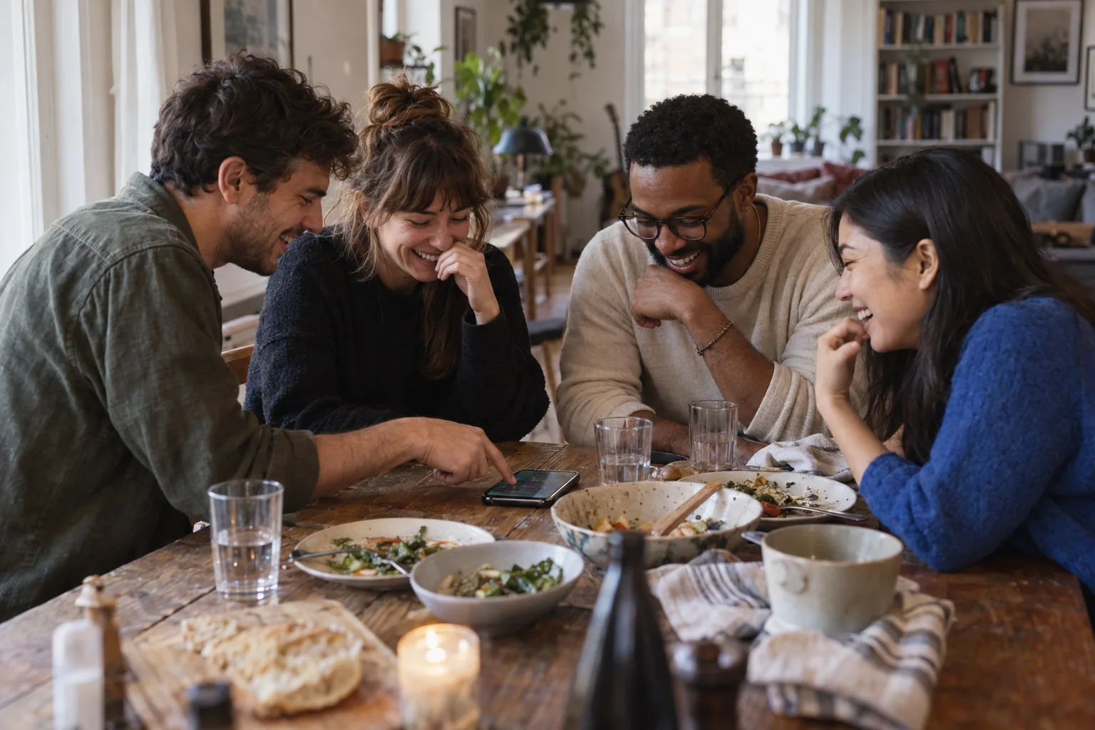 Illustrative gathering around a shared phone