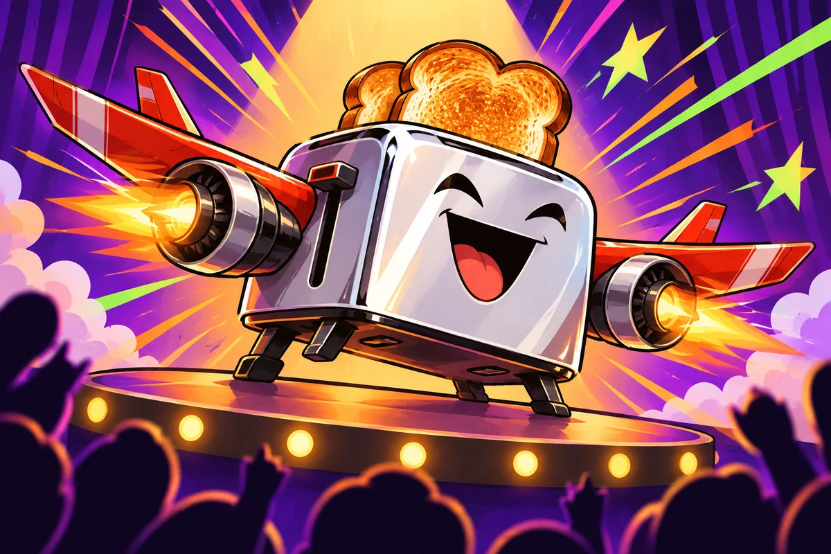Comic-style rocket toaster on a pitch stage