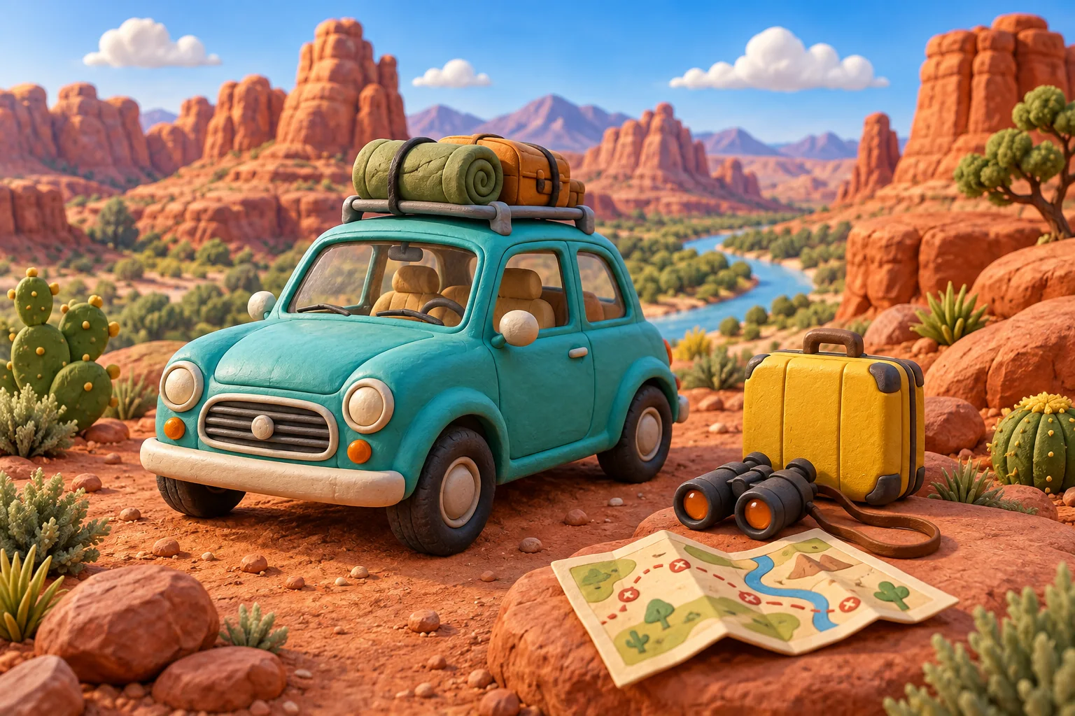 Playful clay-style parked car and travel objects